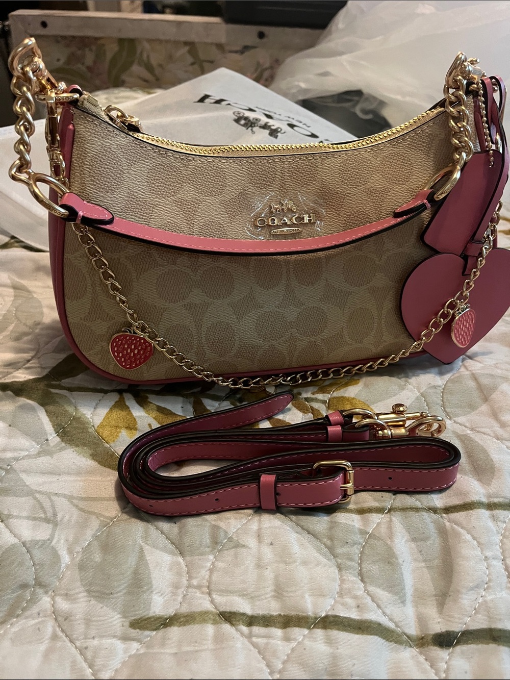 COACH Beige Signature Canvas Shoulder Bag with Pink Trim
